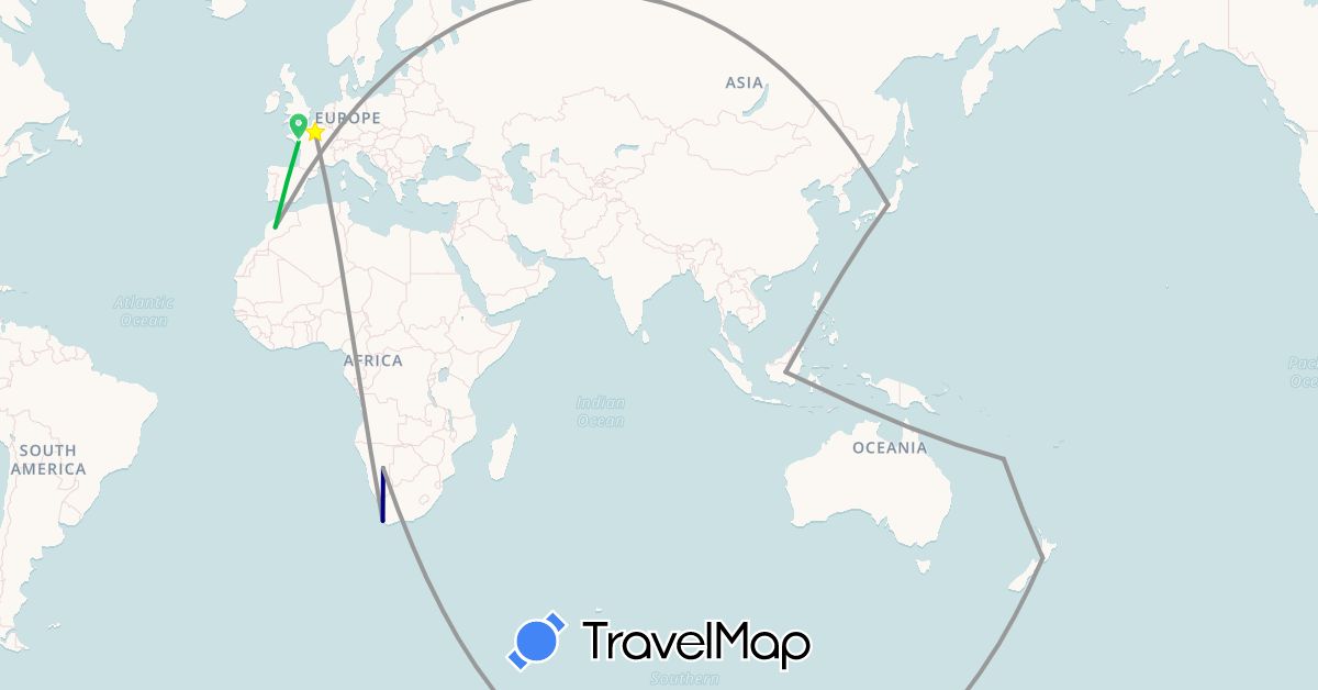 TravelMap itinerary: driving, bus, plane in France, Indonesia, Japan, Morocco, Namibia, New Caledonia, New Zealand, South Africa (Africa, Asia, Europe, Oceania)
